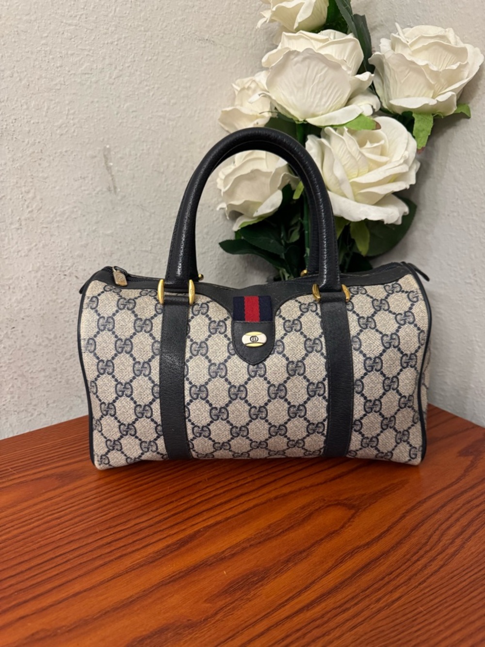Gucci Beige GG Canvas Satchel with Navy Trim and Red-Blue Web
